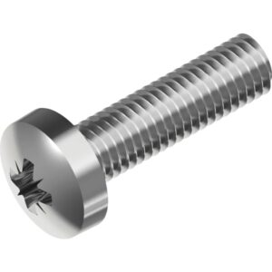 Maskinskrue 5X20mm Rustfri A4, med panhoved med krydskærv Pozidriv PZ 2 – pk. á 500 stk