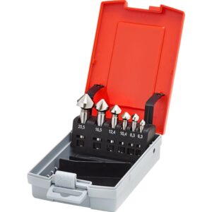 Forsænkersæt HSS i metalkassette Indehold: 6,3mm, 8,3mm, 10,4mm 12,4mm, 16,5mm og 20,5mm