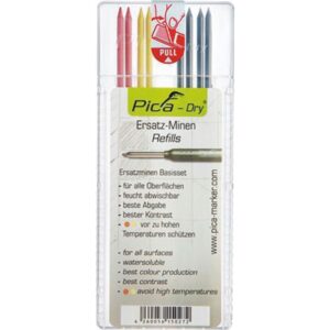 Refill stifter til PICA dry dybhulsmarkør, Grafit stifter i samme hårdhed som almindelige tømrerblyant. Med 4xgrafit, 2xrød, 2xgul.