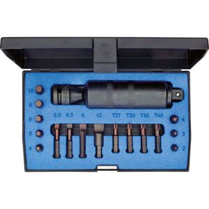 Skrueløsner sæt 1/2", 1/2" firkant til krafttoppe, leveres med bits, 880 5,5 6,5 8 12, 885 4 5 6 8 10, 890 2 3 4, 887 TX T27 T30 T40