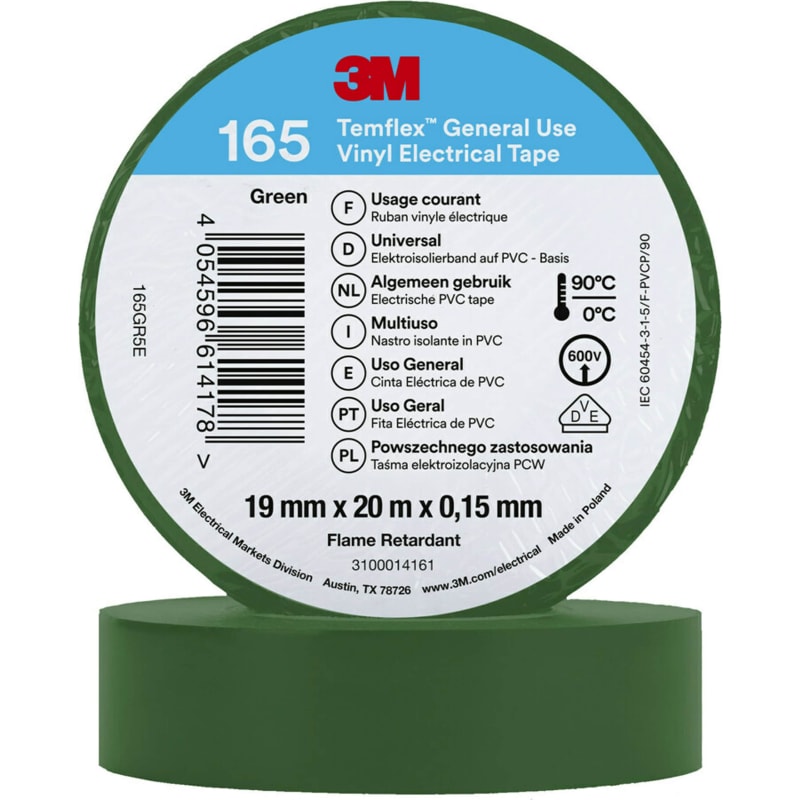 3M™ Temflex™ el vinyltape 165, Grøn, 19 mm x 20 m, 100 rl/pk – pk. á 100 stk