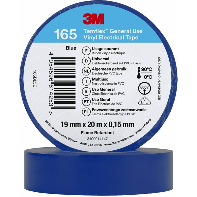 3M™ Temflex™ el vinyltape 165, Blå, 19 mm x 20 m, 100 rl/pk