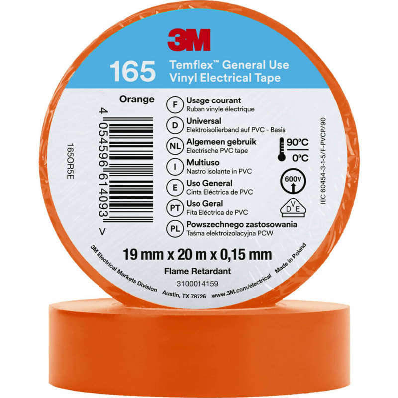 3M™ Temflex™ el vinyltape 165, Orange, 19 mm x 20 m, 100 rl/pk – pk. á 100 stk