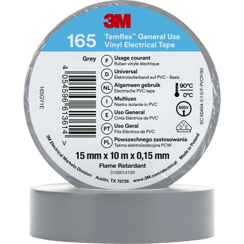 3M™ Temflex™ el vinyltape 165, Grå, 15 mm x 10 m, 100 rl/pk