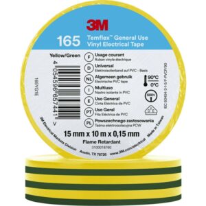 3M™ Temflex™ el vinyltape 165, Grøn/Gul, 15 mm x 10 m, 100 rl/pk