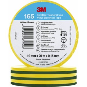 3M™ Temflex™ el vinyltape 165, Grøn/Gul, 19 mm x 20, 100 rl/pk – pk. á 100 stk