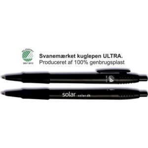 Svanemærket kuglepen sort Ultra. Produceret af 100% genbrugsplast. Med hvid Solar tryk – pk. á 100 stk