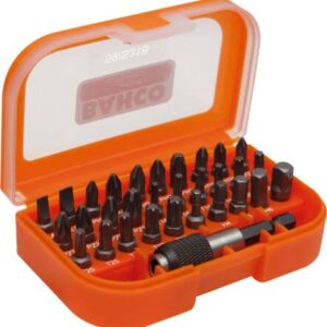 Bitssæt med 31 dele, for ligekærv-, Phillips-, Pozidriv-, Torx® og Unbrako®-skruer. Inkl. 1/4" bitsholder og 1/4" topadaptor